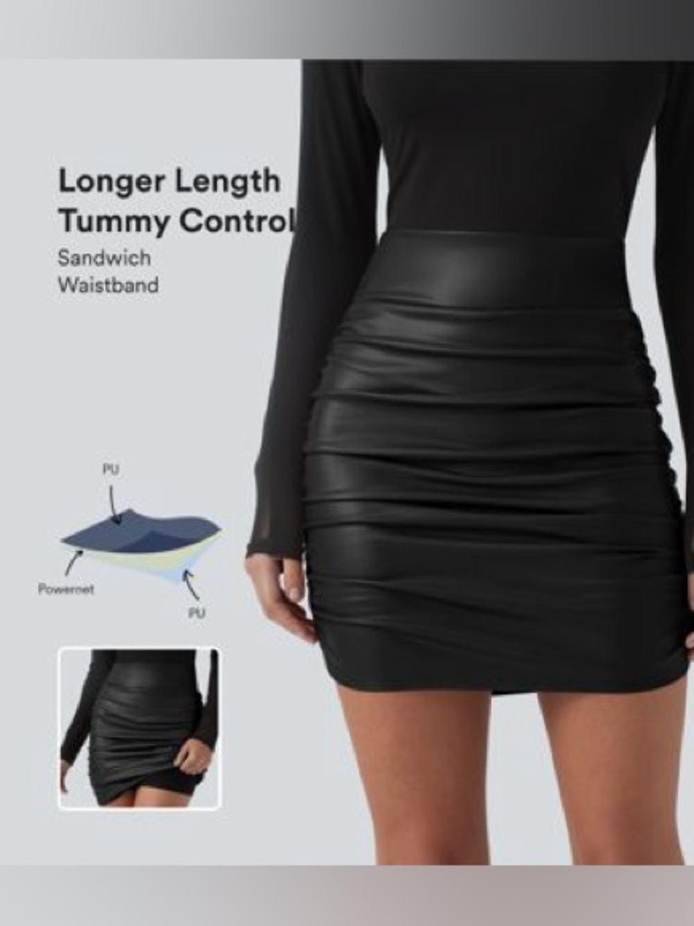 HALARA Black Faux Leather Ruched Midi Skirt - XL (LONG)